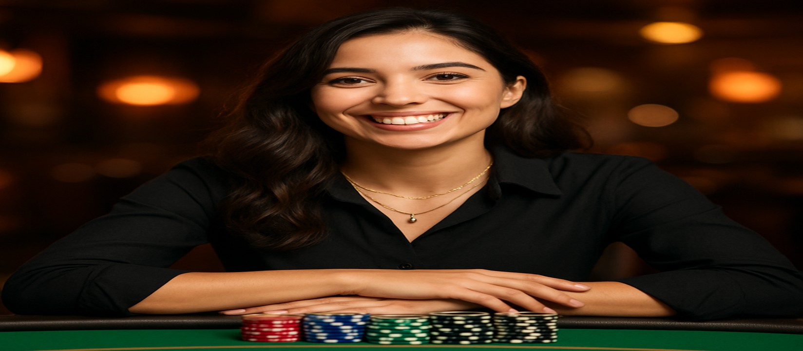cb444 গেমিং প্ল্যাটফর্মে কার্ড টেবিলে বসে হাসিখুশি এক নারী ডিলারের সামনে চিপস ও কার্ডগুলো রয়েছে; তিনি বিস্তৃত গেম নির্বাচন উপস্থাপন করেন।