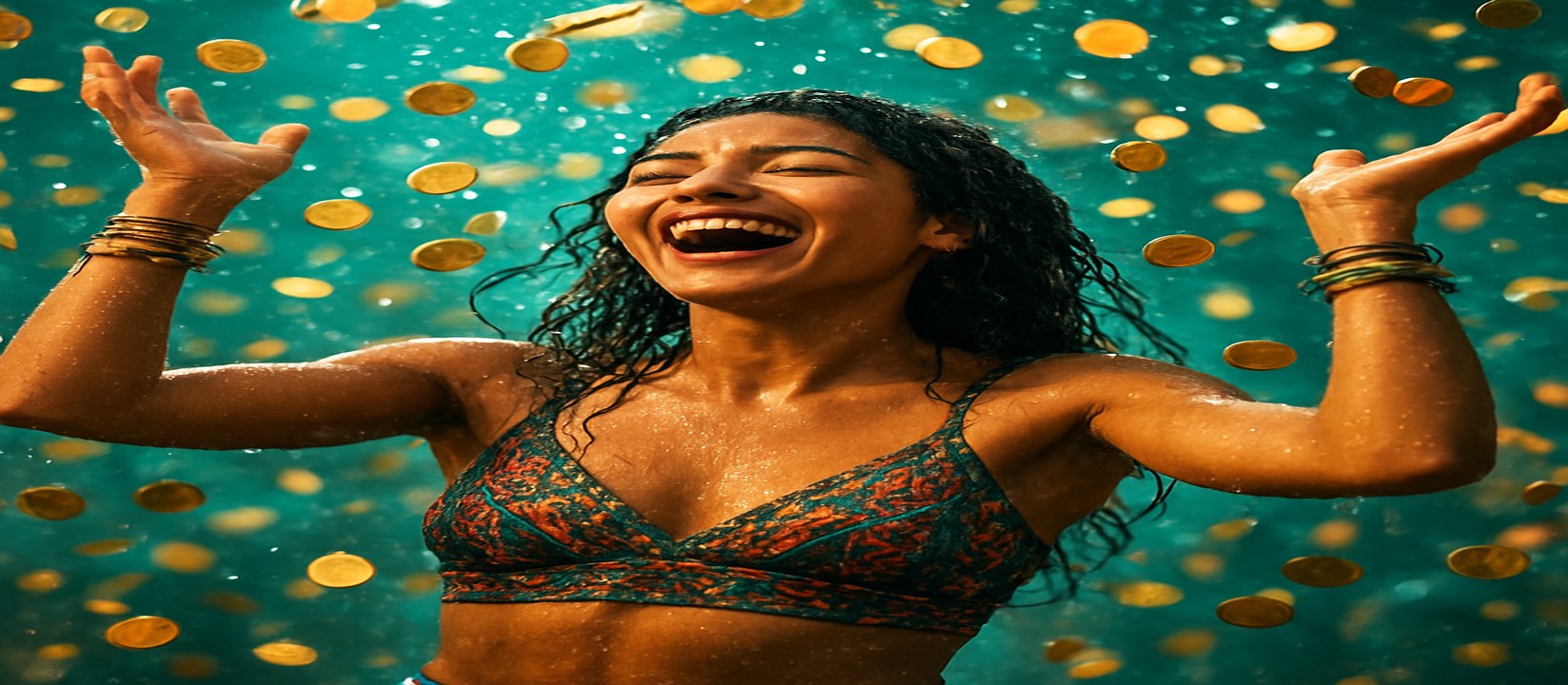 cb444 গেমিং প্ল্যাটফর্মে কয়েনের বর্ষণের মাঝে একটি রঙিন টপ পরা একজন নারী